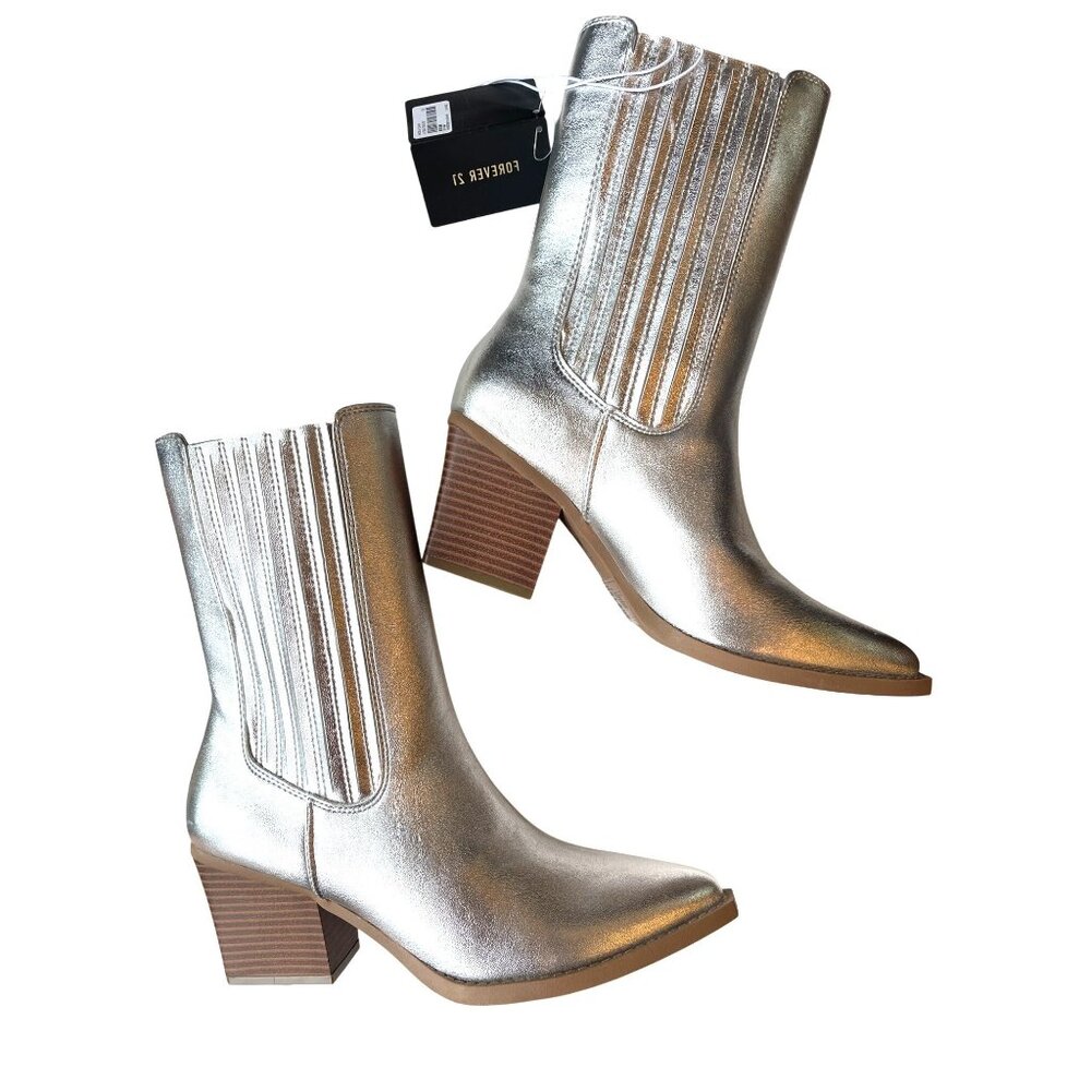 Forever 21 Ankle Boots New Metallic Silver Women's booties Size 7 Block Heel Fau - Picture 2 of 13